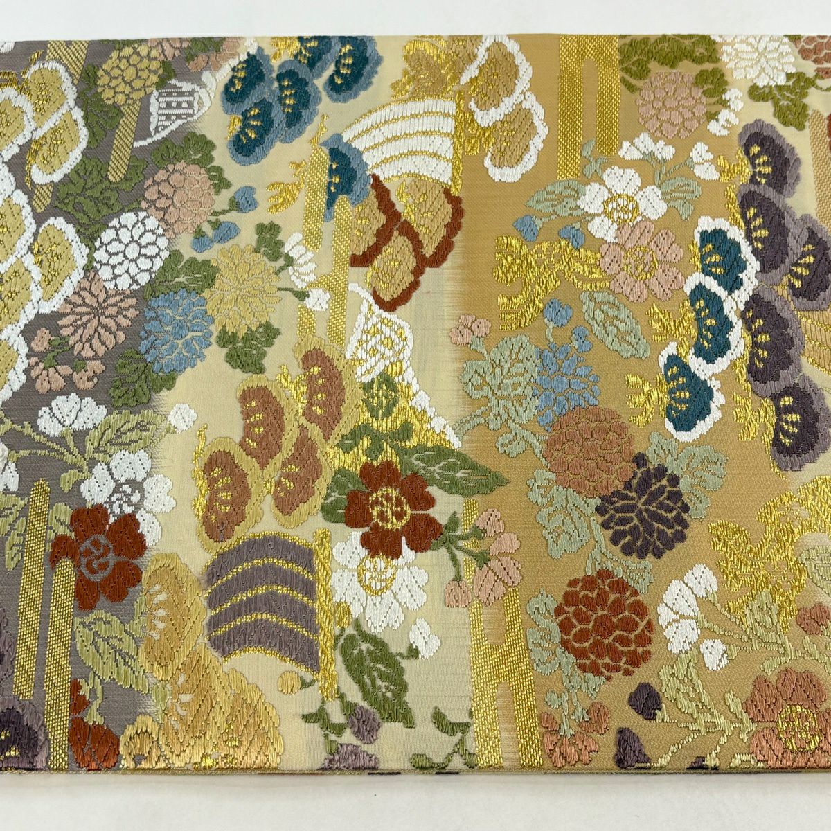 【美品】 袋帶 秀品級 松樹 櫻花 唐織 金絲 米色 六通 純蠶絲