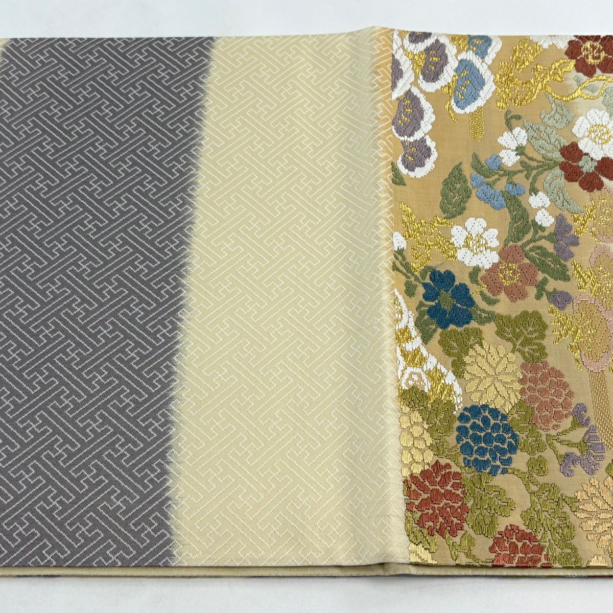【美品】 袋帶 秀品級 松樹 櫻花 唐織 金絲 米色 六通 純蠶絲