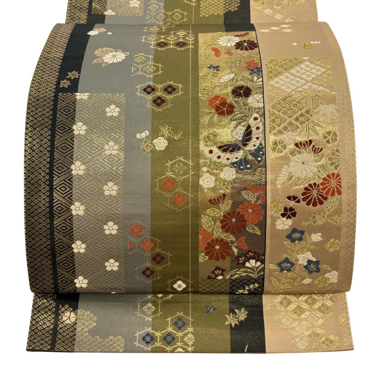 【美品】 袋帶 秀品級 縞花蝶 金金箔 金絲 茶綠 全通 純蠶絲