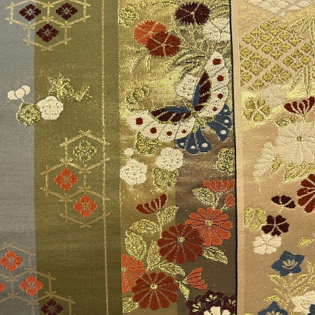 【美品】 袋帶 秀品級 縞花蝶 金金箔 金絲 茶綠 全通 純蠶絲