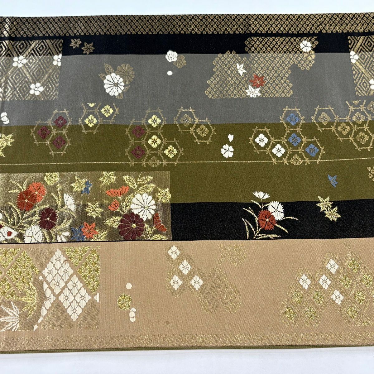【美品】 袋帶 秀品級 縞花蝶 金金箔 金絲 茶綠 全通 純蠶絲