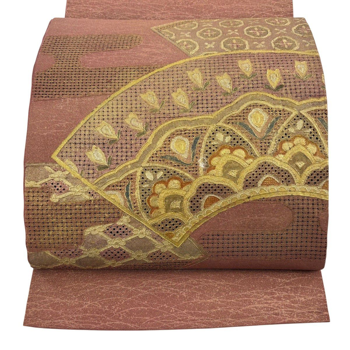 【美品】 袋帶 秀品級 扇子面 ヱ霞 刺繡 金彩裝飾 小豆 深藍色 お太鼓柄 純蠶絲