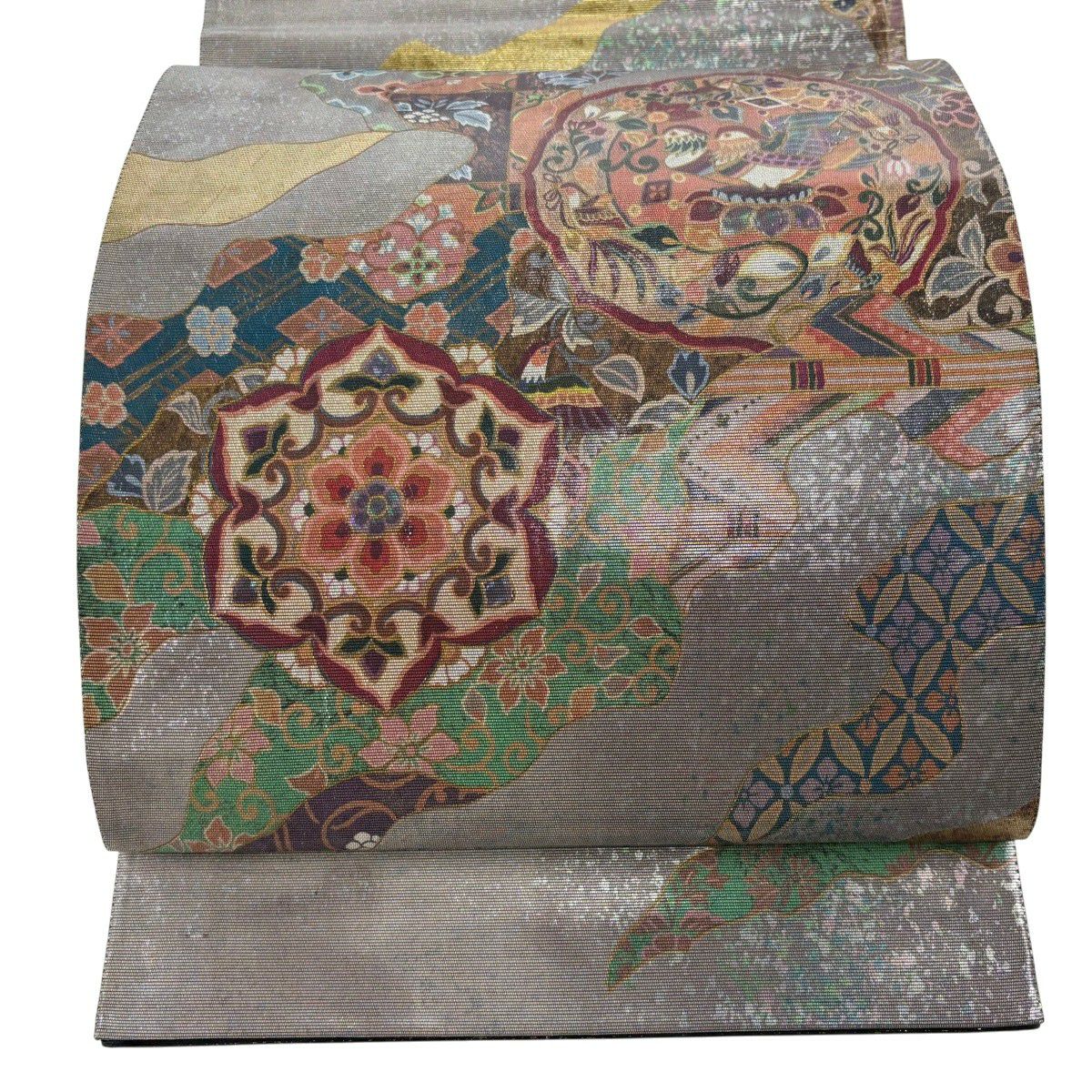 【美品】 袋帶 秀品級 道長取 華紋 螺鈿金金箔 灰 深藍色 お太鼓柄 純蠶絲