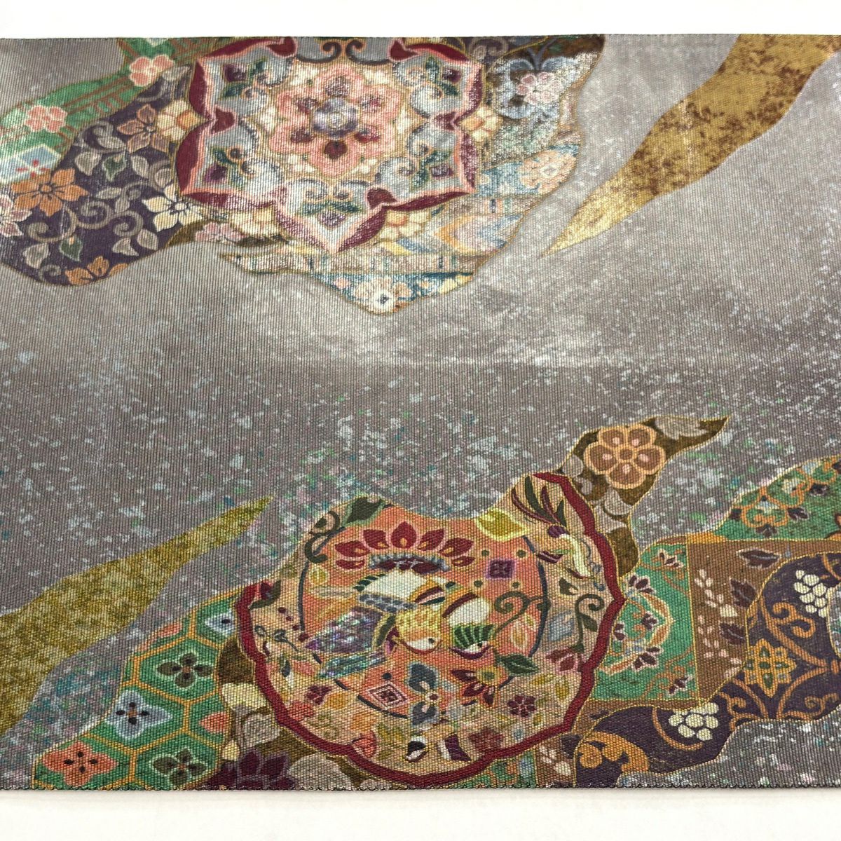 【美品】 袋帶 秀品級 道長取 華紋 螺鈿金金箔 灰 深藍色 お太鼓柄 純蠶絲