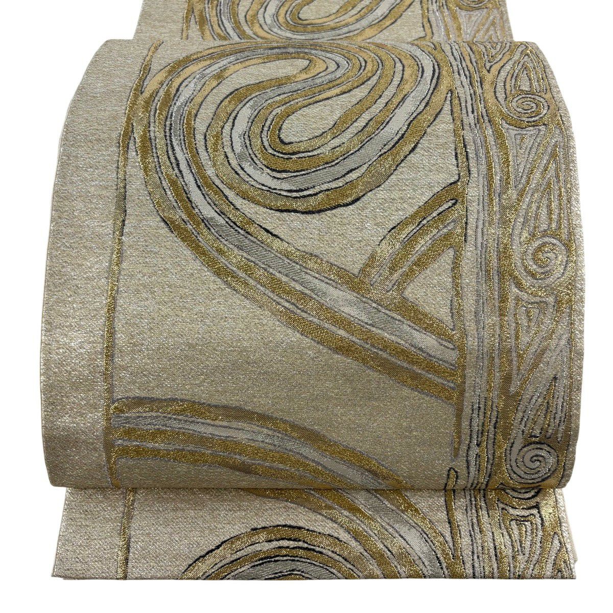 【美品】 袋帶 秀品級 幾何學 金金箔 金銀彩 奶油色 六通 純蠶絲