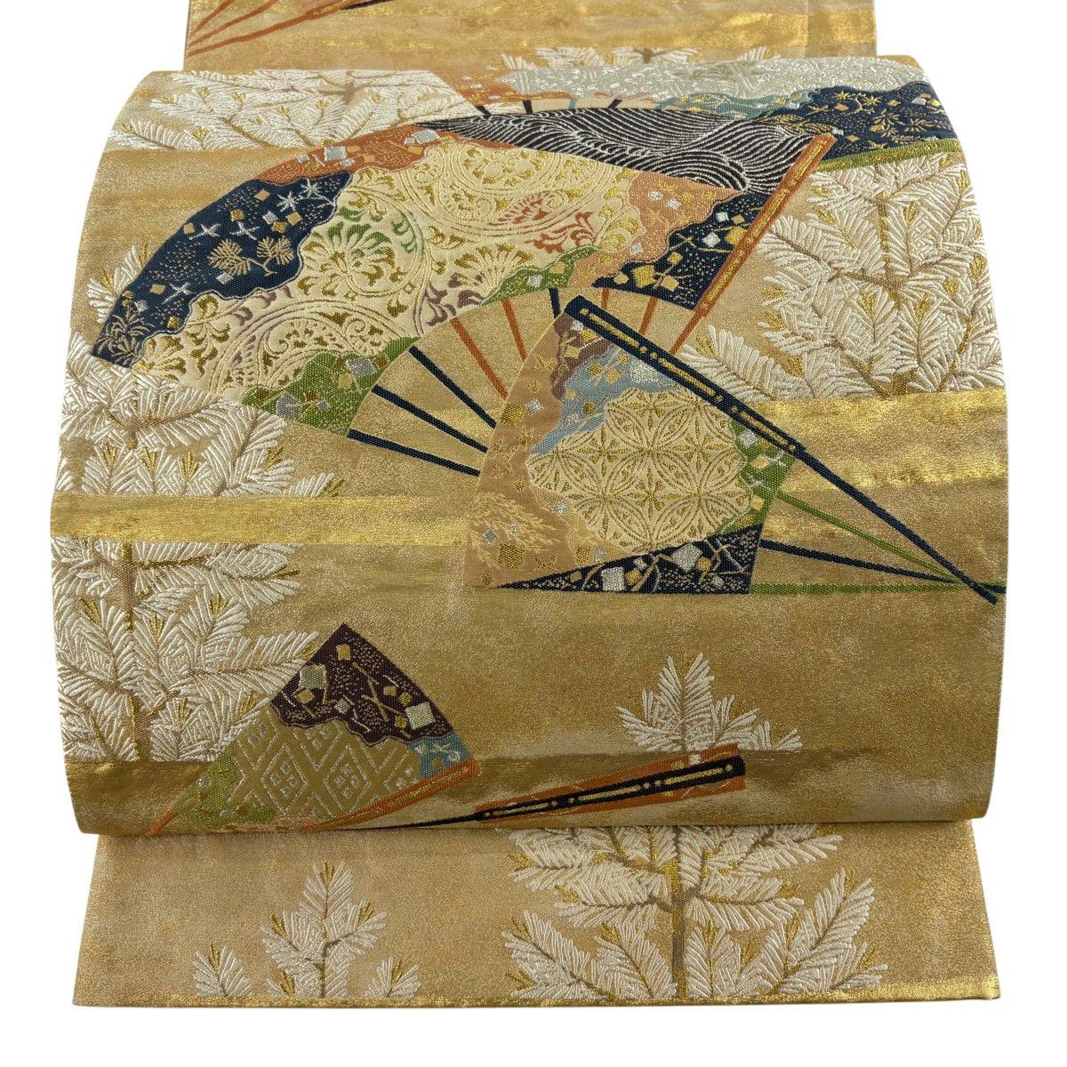 【美品】 袋帶 秀品級 扇子 松樹 金金箔金銀線 淺茶 六通 純蠶絲