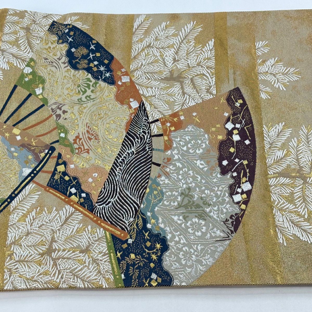 【美品】 袋帶 秀品級 扇子 松樹 金金箔金銀線 淺茶 六通 純蠶絲