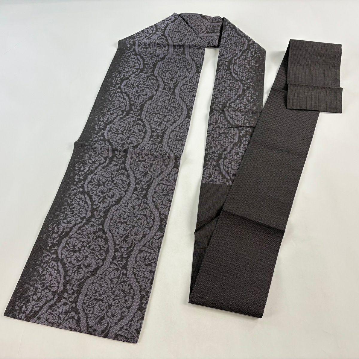 【美品】名古屋帶 秀品級 立涌 草花紋 灰紫 純蠶絲