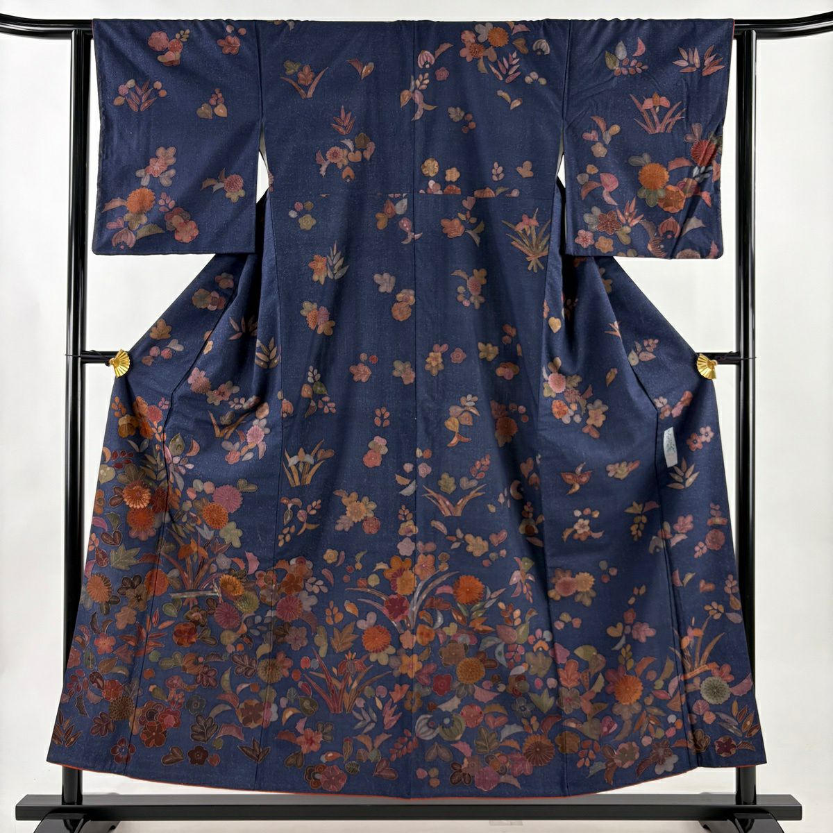 訪問服 身長155.5cm 袖長63.5cm S 雙層 京屋林藏 紬織織 落款あり 草花紋紋 菊花 刺繡 深藍 純蠶絲 逸品級