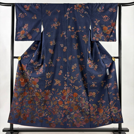 訪問服 身長155.5cm 袖長63.5cm S 雙層 京屋林藏 紬織織 落款あり 草花紋紋 菊花 刺繡 深藍 純蠶絲 逸品級