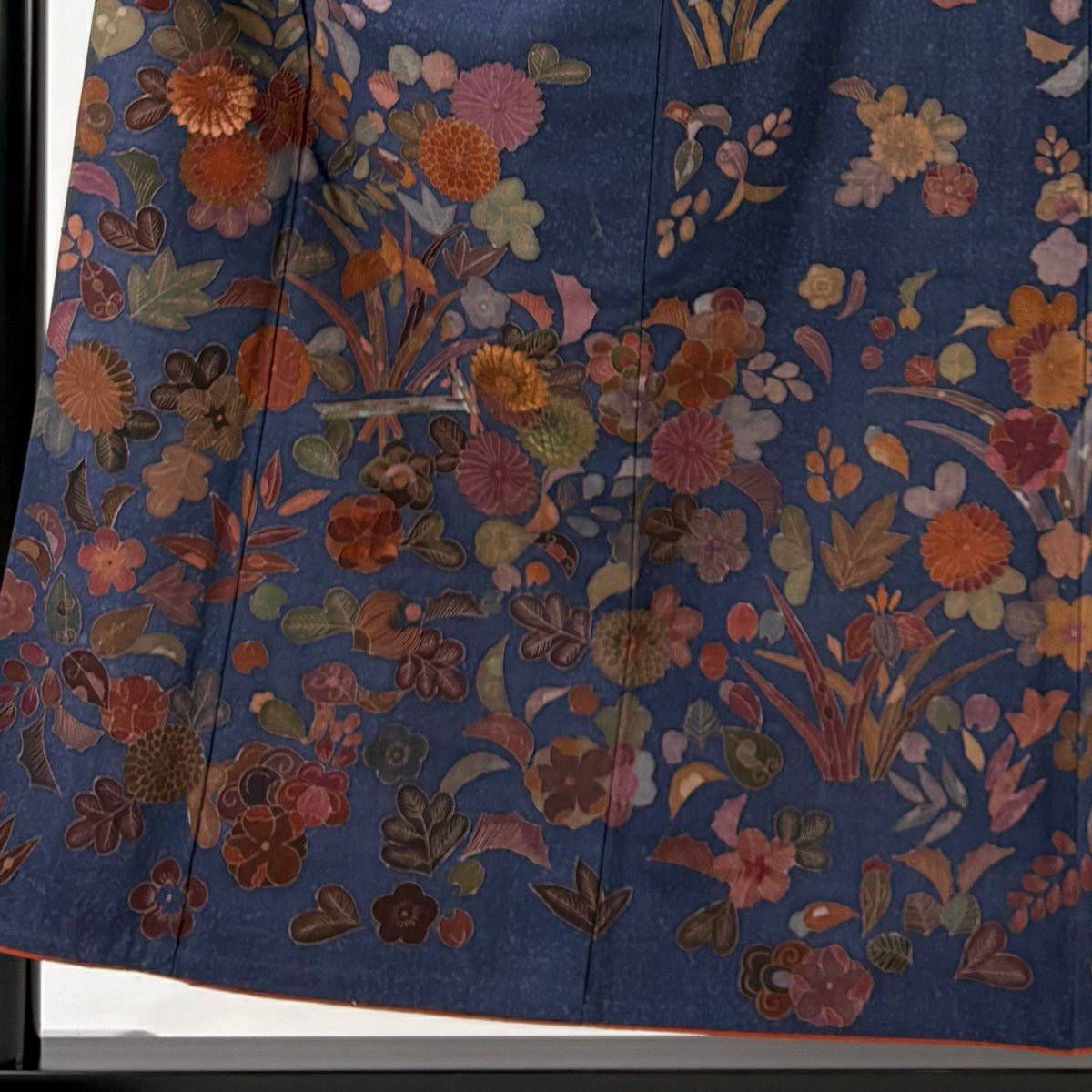 訪問服 身長155.5cm 袖長63.5cm S 雙層 京屋林藏 紬織織 落款あり 草花紋紋 菊花 刺繡 深藍 純蠶絲 逸品級