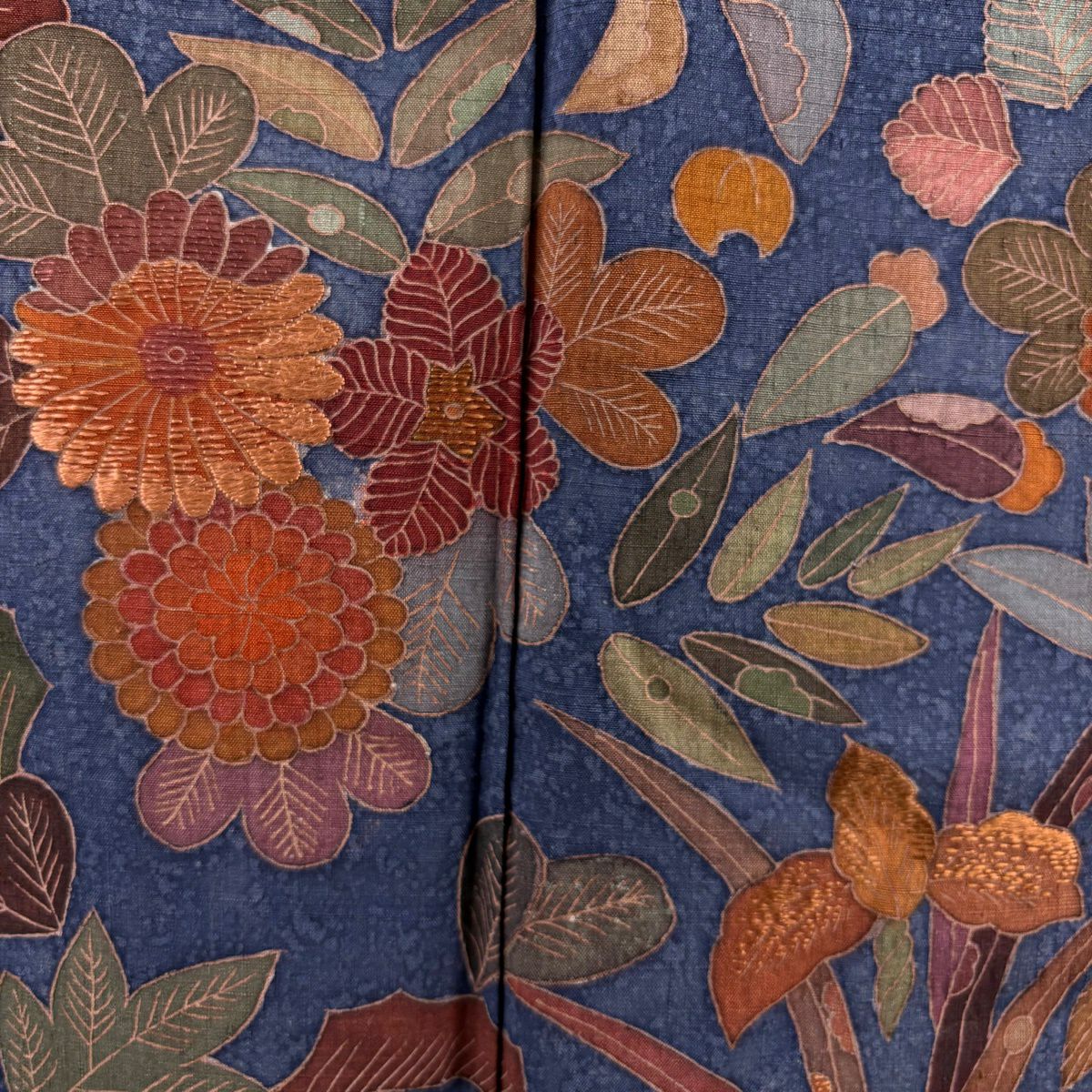 訪問服 身長155.5cm 袖長63.5cm S 雙層 京屋林藏 紬織織 落款あり 草花紋紋 菊花 刺繡 深藍 純蠶絲 逸品級