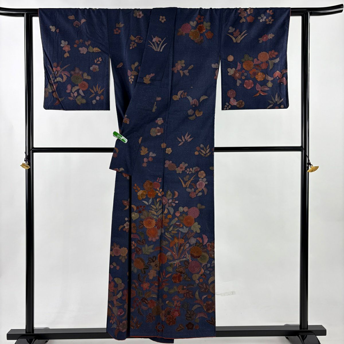 訪問服 身長155.5cm 袖長63.5cm S 雙層 京屋林藏 紬織織 落款あり 草花紋紋 菊花 刺繡 深藍 純蠶絲 逸品級