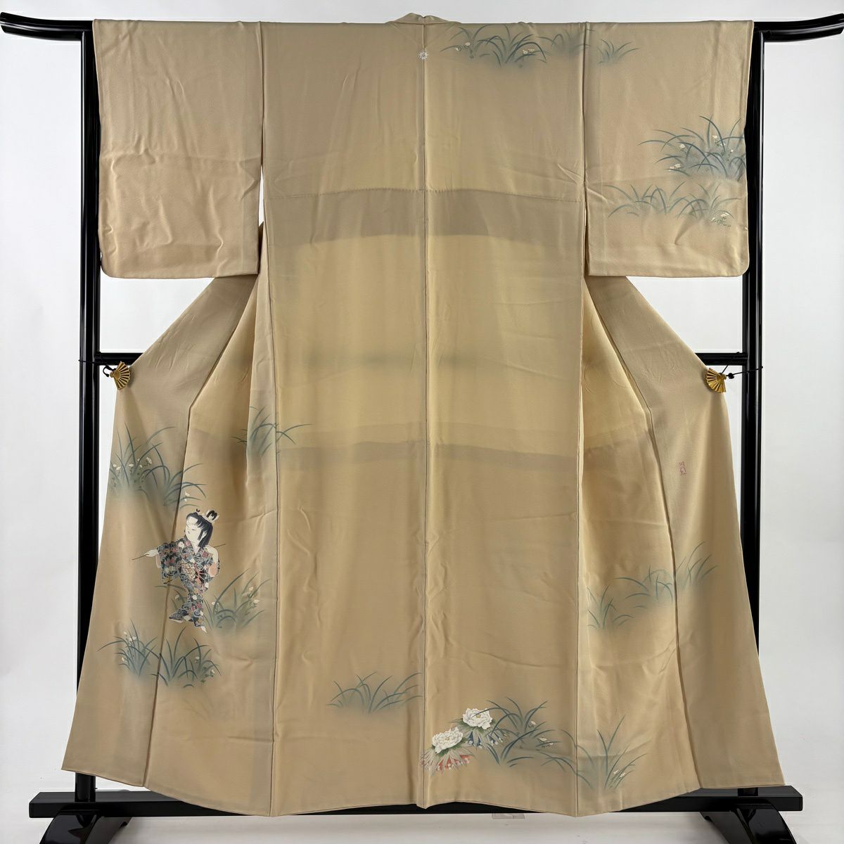 訪問服 身長156cm 袖長66cm M 雙層 由水充 落款あり 童 草花紋紋 漸層 米色 純蠶絲 逸品級 一つ紋