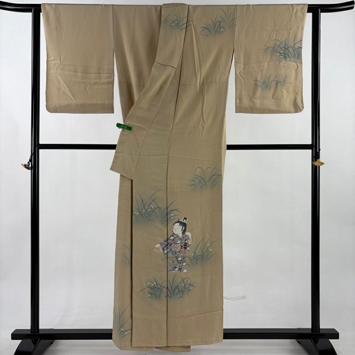 訪問服 身長156cm 袖長66cm M 雙層 由水充 落款あり 童 草花紋紋 漸層 米色 純蠶絲 逸品級 一つ紋