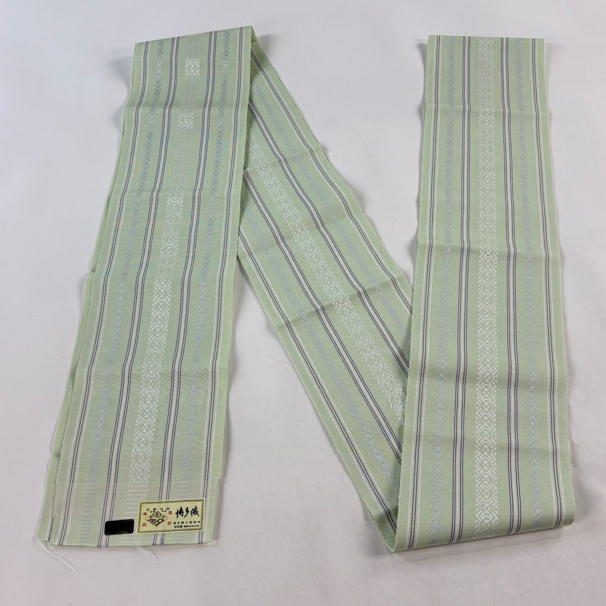 【美品】半幅帶 秀品級 證書齊全 本場筑前博多織 献上圖案 薄綠 純蠶絲