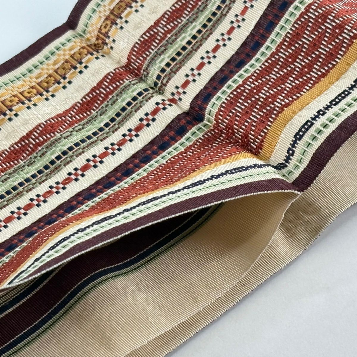 【美品】半幅帶 秀品級 證書齊全 本場筑前博多織 口袋附帶 條紋 幾何圖案 米色 純蠶絲