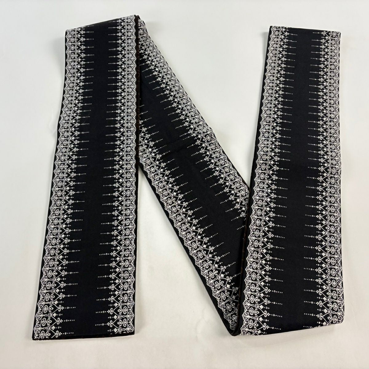 【美品】半幅帶 名品級 附盒 幾何學圖案 黑 純蠶絲