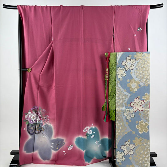 【美品】振袖禮服 身長169cm 袖長69.5cm L 雙層 袋帶全套 花車 櫻花 金銀彩 漸層 粉色 純蠶絲 優品級