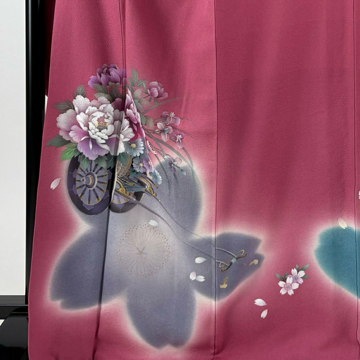 【美品】振袖禮服 身長169cm 袖長69.5cm L 雙層 袋帶全套 花車 櫻花 金銀彩 漸層 粉色 純蠶絲 優品級
