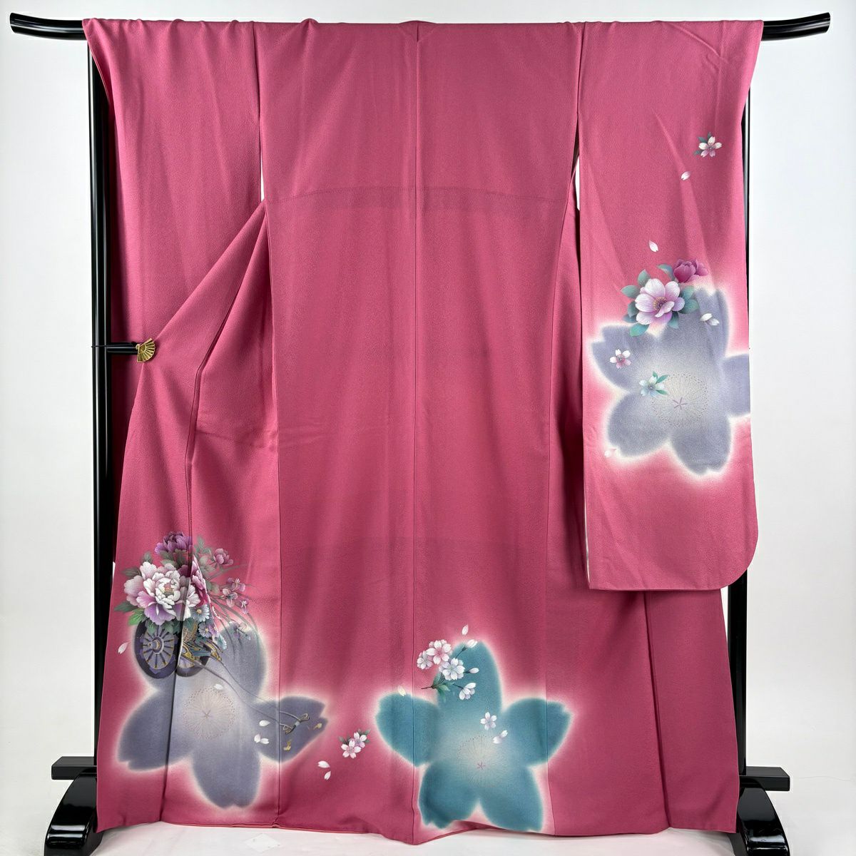 【美品】振袖禮服 身長169cm 袖長69.5cm L 雙層 袋帶全套 花車 櫻花 金銀彩 漸層 粉色 純蠶絲 優品級