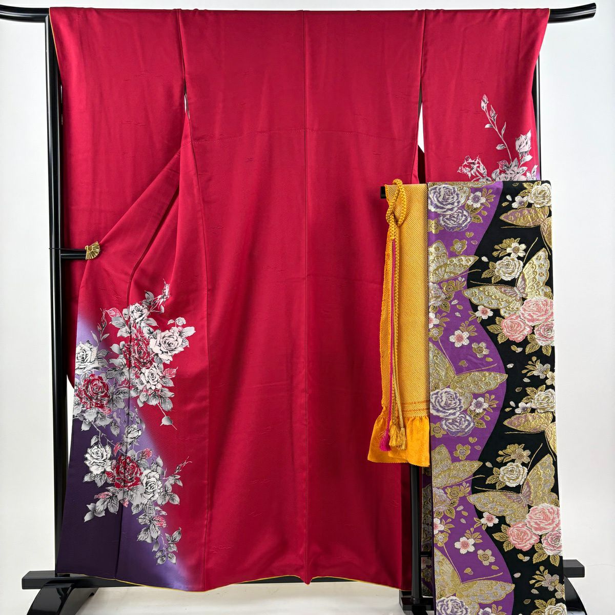 【美品】振袖禮服 身長159cm 袖長68cm L 雙層 袋帶全套 薔薇 染分 逐漸色 紅 純蠶絲 秀品級
