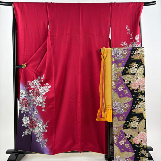 【美品】振袖禮服 身長159cm 袖長68cm L 雙層 袋帶全套 薔薇 染分 逐漸色 紅 純蠶絲 秀品級