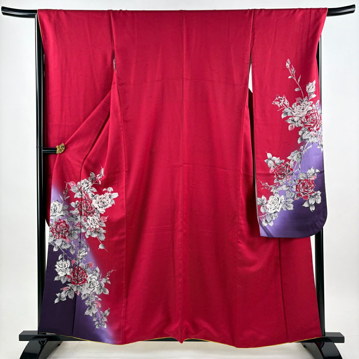 【美品】振袖禮服 身長159cm 袖長68cm L 雙層 袋帶全套 薔薇 染分 逐漸色 紅 純蠶絲 秀品級