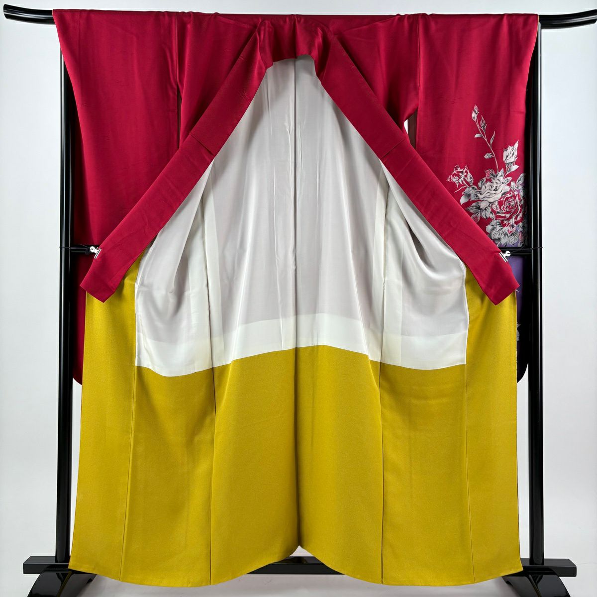 【美品】振袖禮服 身長159cm 袖長68cm L 雙層 袋帶全套 薔薇 染分 逐漸色 紅 純蠶絲 秀品級