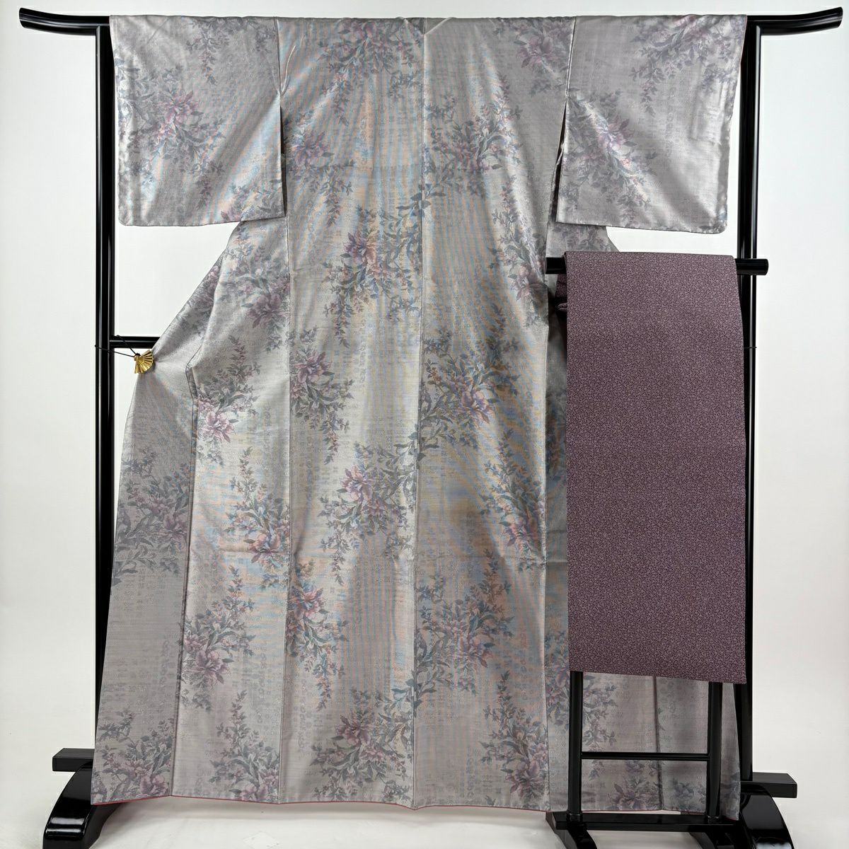 【美品】 紬織 身長165.5cm 袖長64cm M 雙層 名古屋帶套裝 草花紋 灰紫 純蠶絲 秀品級
