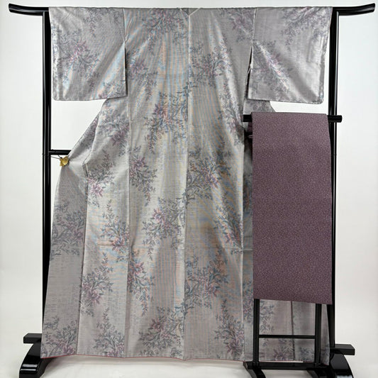 【美品】 紬織 身長165.5cm 袖長64cm M 雙層 名古屋帶套裝 草花紋 灰紫 純蠶絲 秀品級