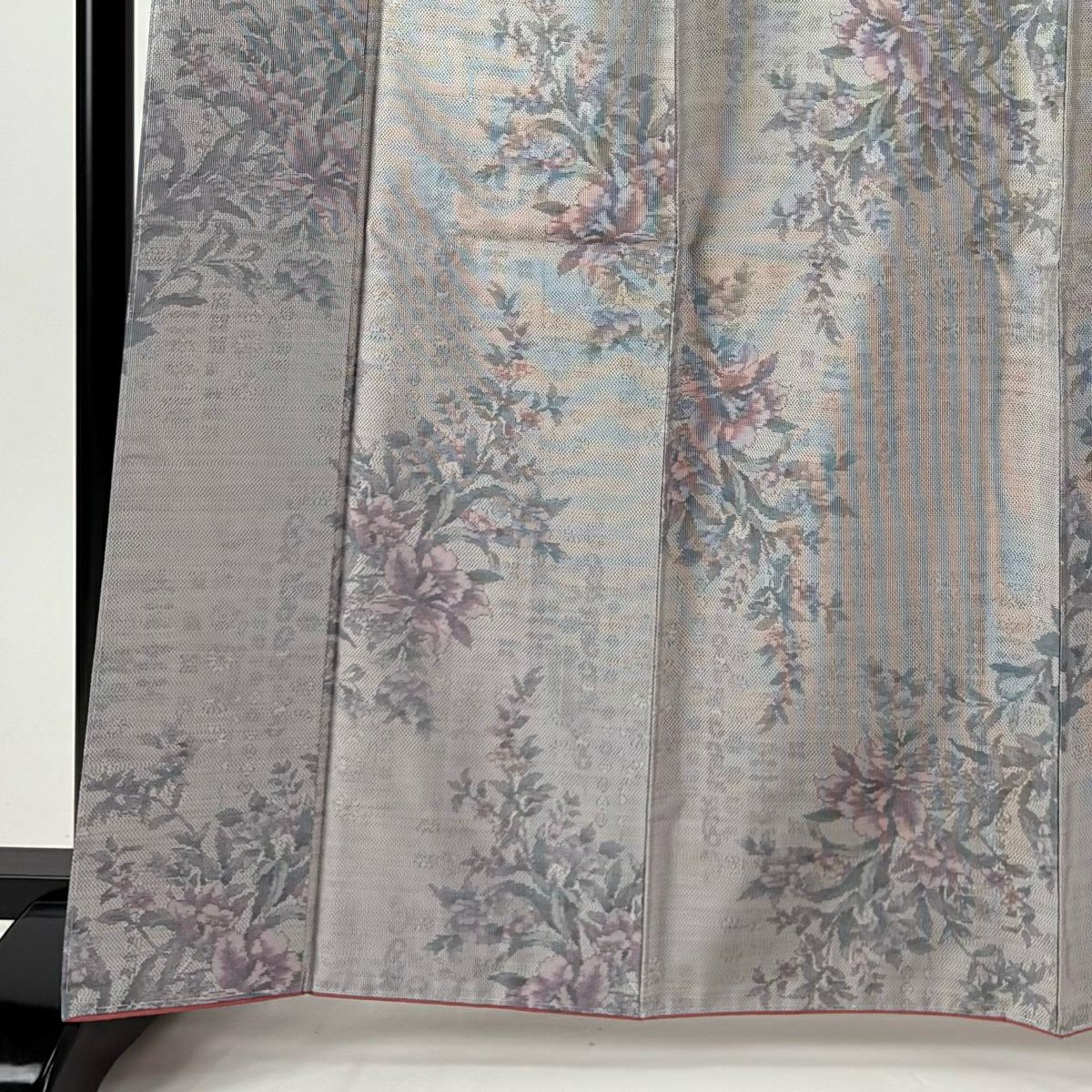 【美品】 紬織 身長165.5cm 袖長64cm M 雙層 名古屋帶套裝 草花紋 灰紫 純蠶絲 秀品級