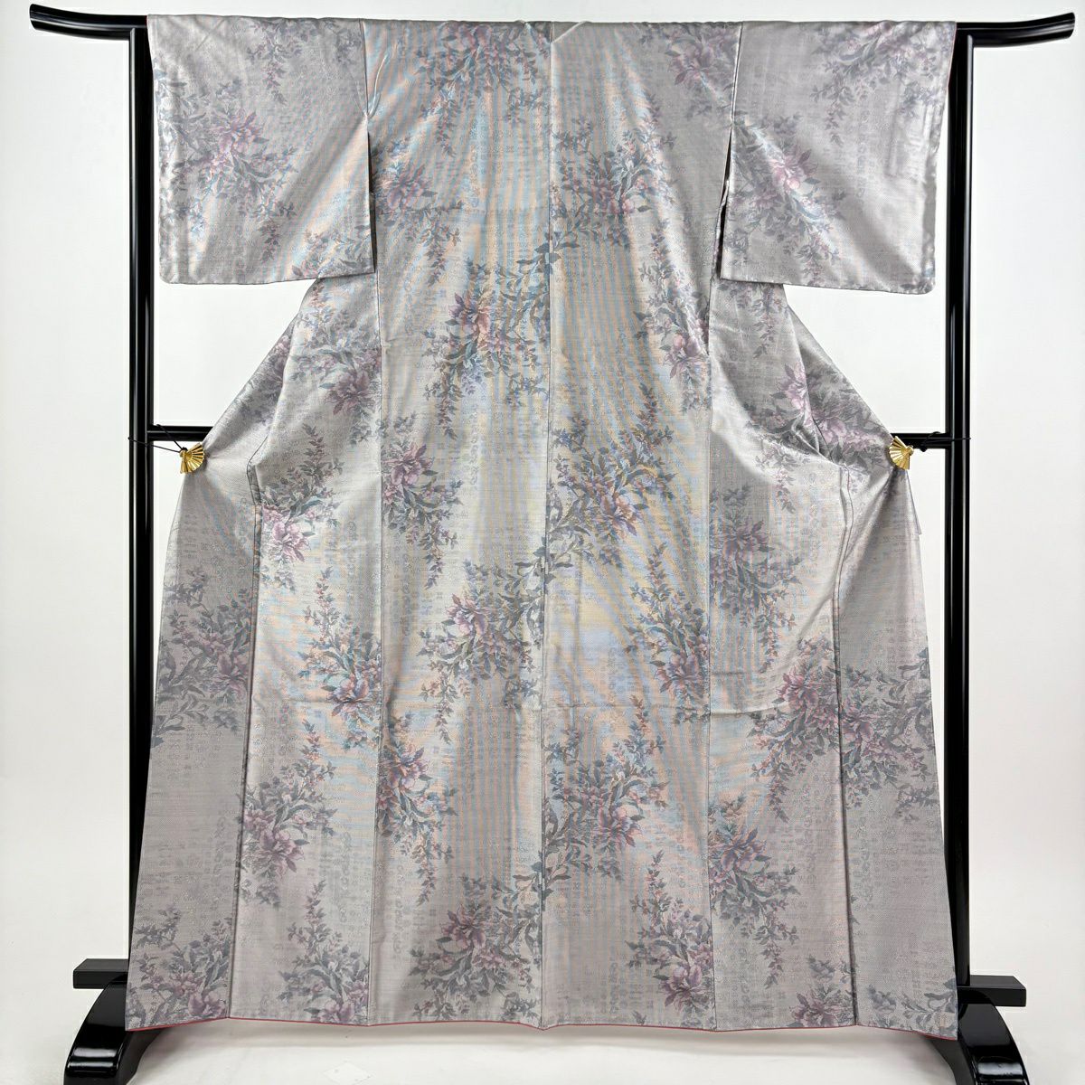 【美品】 紬織 身長165.5cm 袖長64cm M 雙層 名古屋帶套裝 草花紋 灰紫 純蠶絲 秀品級