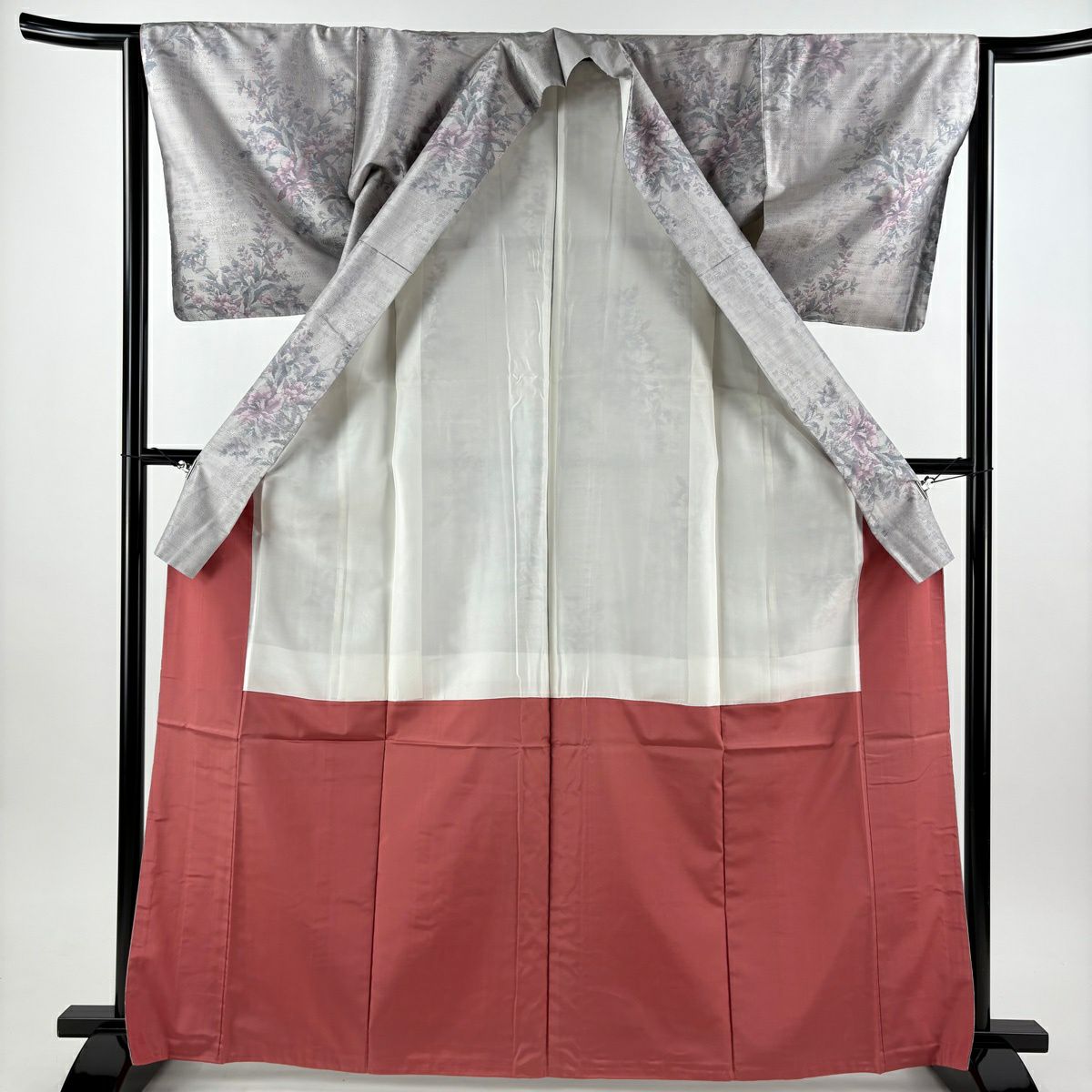 【美品】 紬織 身長165.5cm 袖長64cm M 雙層 名古屋帶套裝 草花紋 灰紫 純蠶絲 秀品級