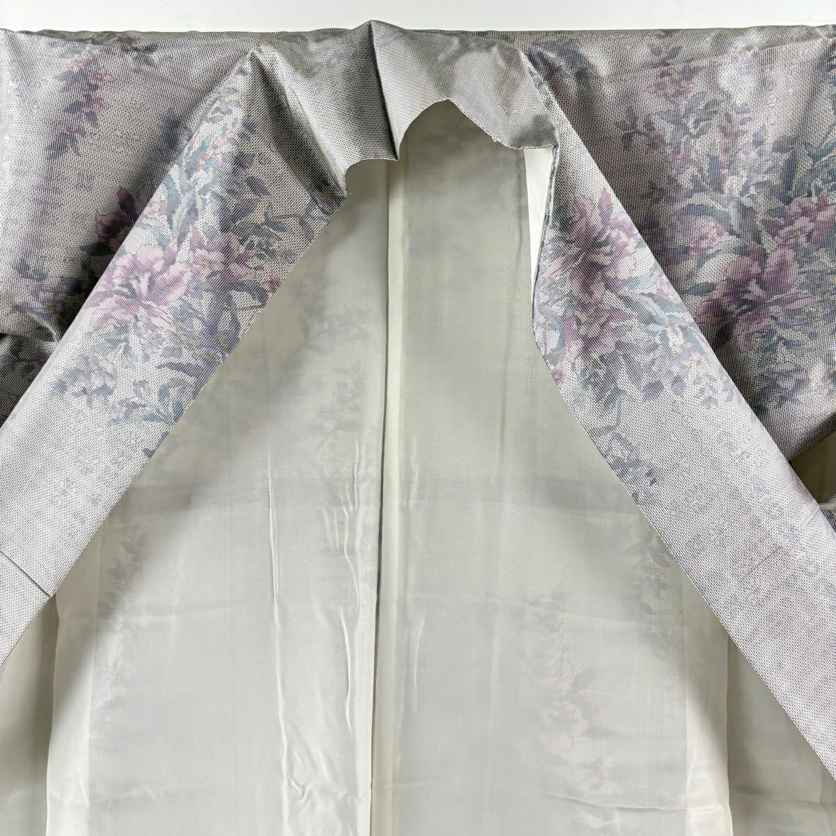 【美品】 紬織 身長165.5cm 袖長64cm M 雙層 名古屋帶套裝 草花紋 灰紫 純蠶絲 秀品級