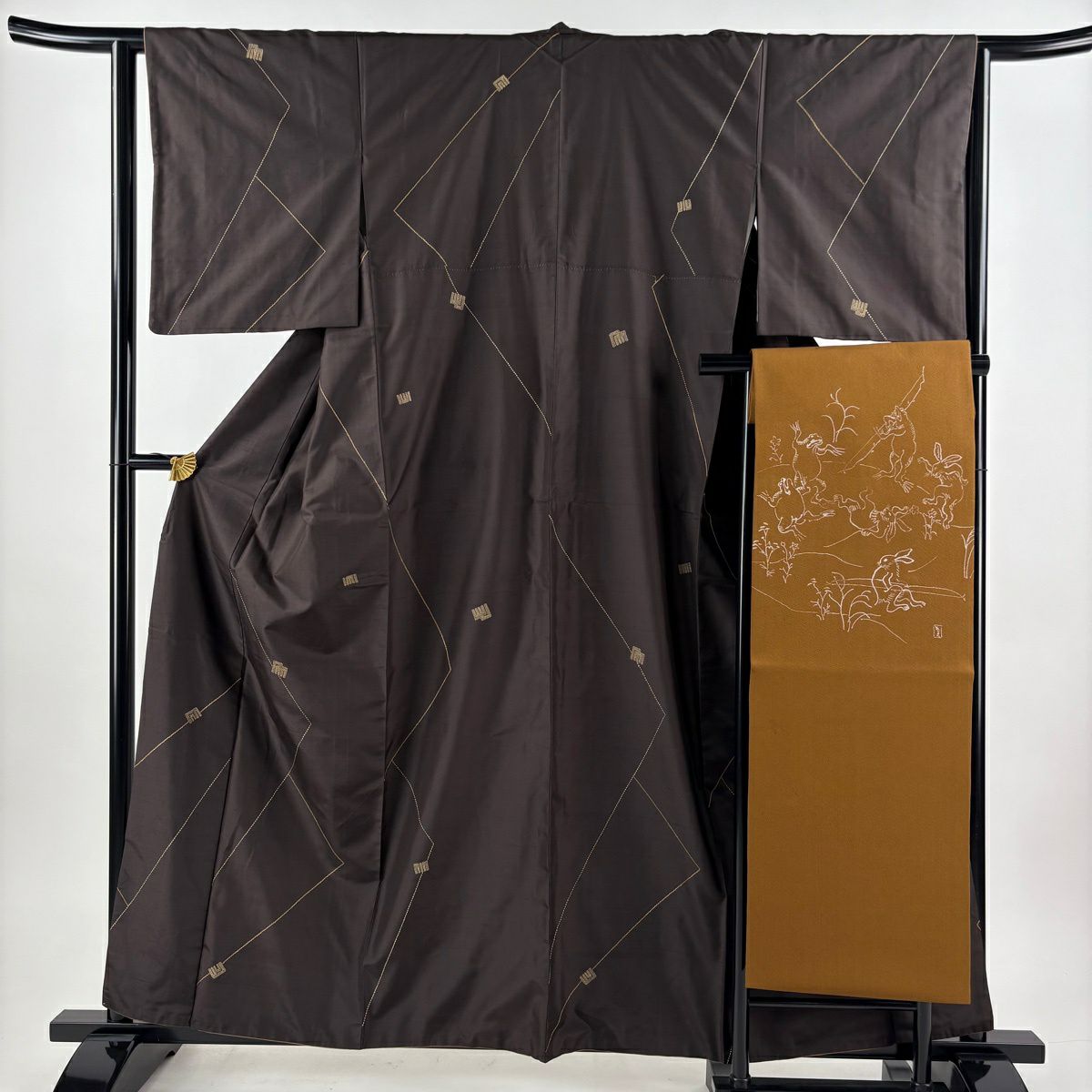 【美品】 小紋 身長159.5cm 袖長63.5cm S 雙層 紬織織 名古屋帶套裝 源氏香 刺繡 焦茶 純蠶絲 名品級
