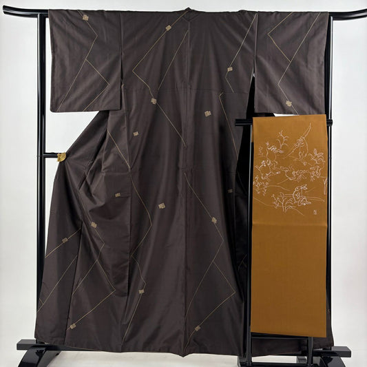 【美品】 小紋 身長159.5cm 袖長63.5cm S 雙層 紬織織 名古屋帶套裝 源氏香 刺繡 焦茶 純蠶絲 名品級