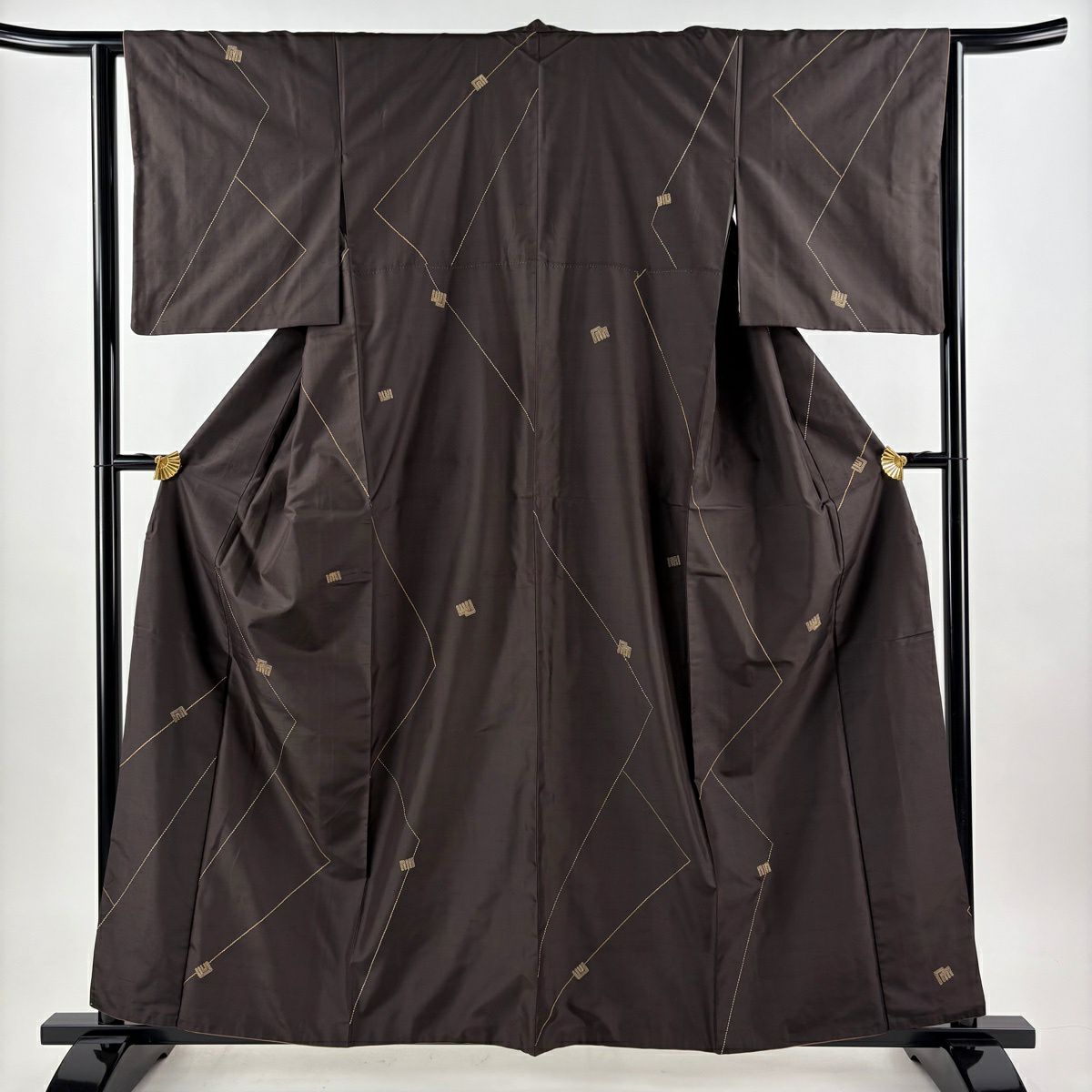 【美品】 小紋 身長159.5cm 袖長63.5cm S 雙層 紬織織 名古屋帶套裝 源氏香 刺繡 焦茶 純蠶絲 名品級