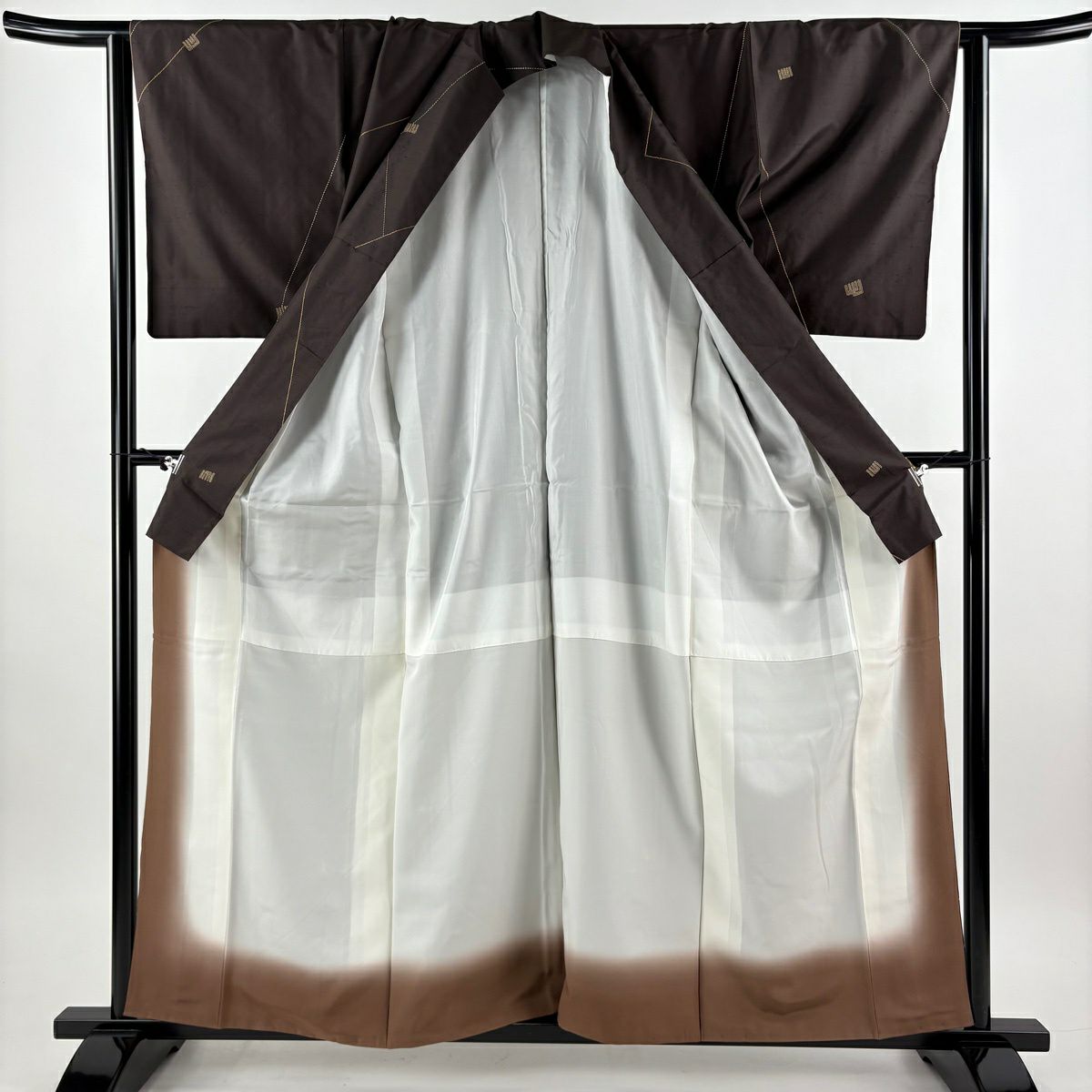 【美品】 小紋 身長159.5cm 袖長63.5cm S 雙層 紬織織 名古屋帶套裝 源氏香 刺繡 焦茶 純蠶絲 名品級