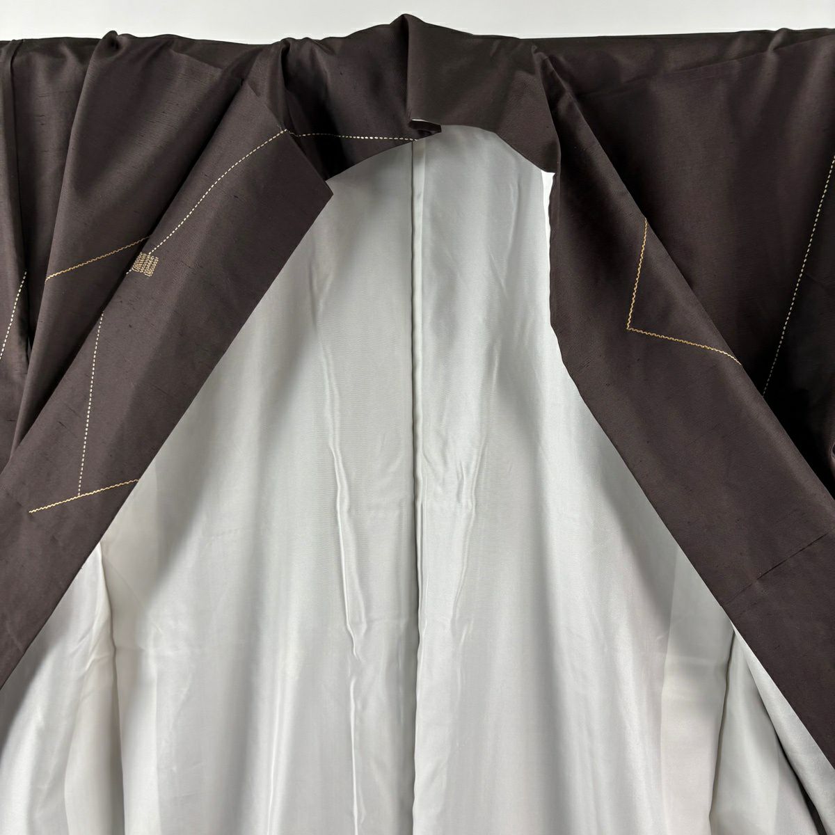 【美品】 小紋 身長159.5cm 袖長63.5cm S 雙層 紬織織 名古屋帶套裝 源氏香 刺繡 焦茶 純蠶絲 名品級