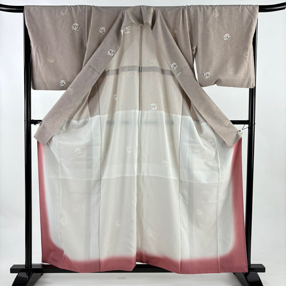 小紋 身長158.5cm 袖長67.5cm L 雙層 胴抜 手鞠 兔子 灰櫻 純蠶絲 秀品級