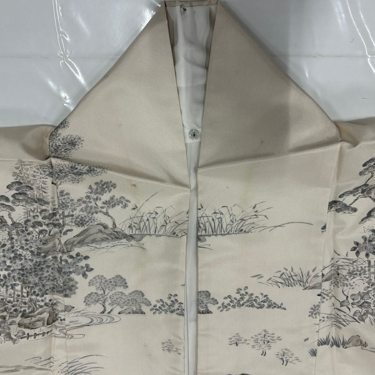訪問服 身長166cm 袖長63.5cm S 雙層 大島紬織地 落款あり 家屋 流水 奶油色 純蠶絲 秀品級
