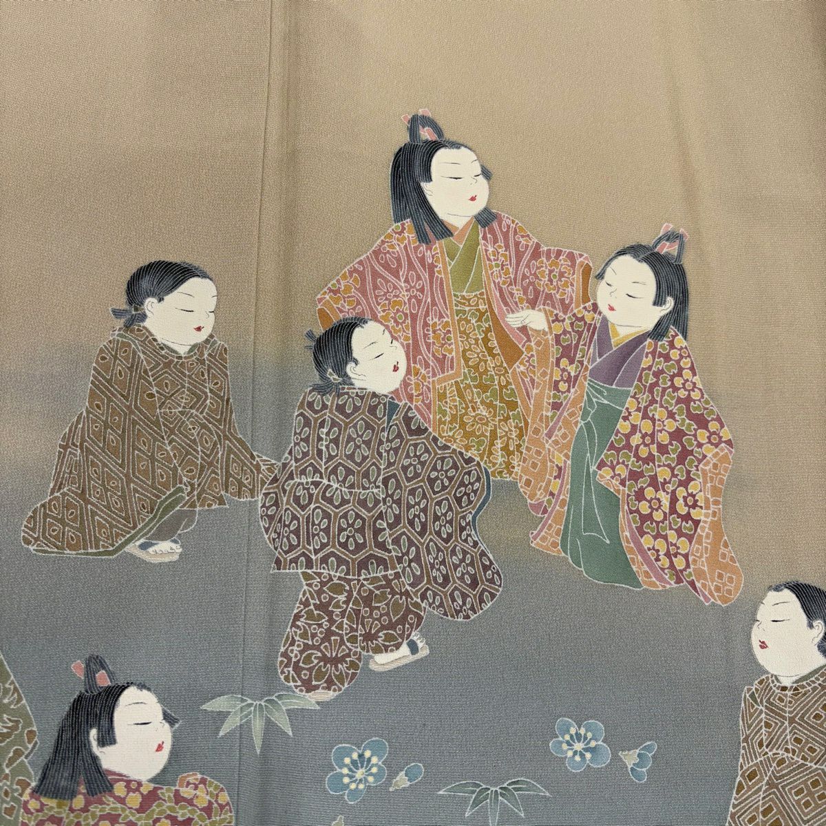 色留袖禮服 身長161cm 袖長66cm M 雙層 關口遼一 落款 童 松樹竹子梅花 漸層 米色 純蠶絲 優品級 一個紋