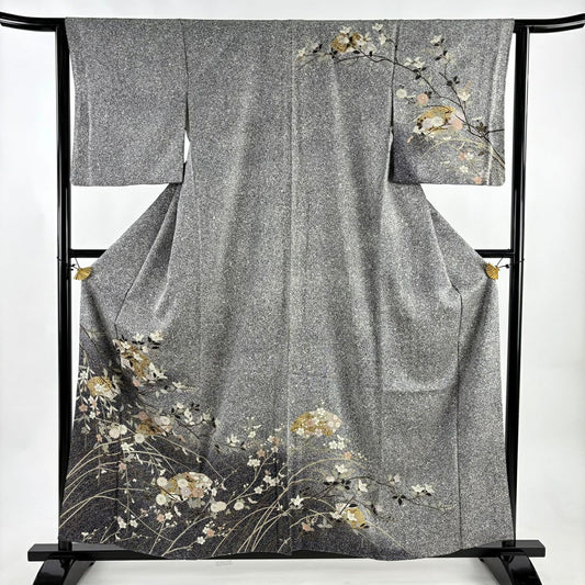 訪問服 身長158cm 袖長64cm M 雙層 扇子面 草花紋紋 金彩裝飾 漸層 黑灰 純蠶絲 秀品級