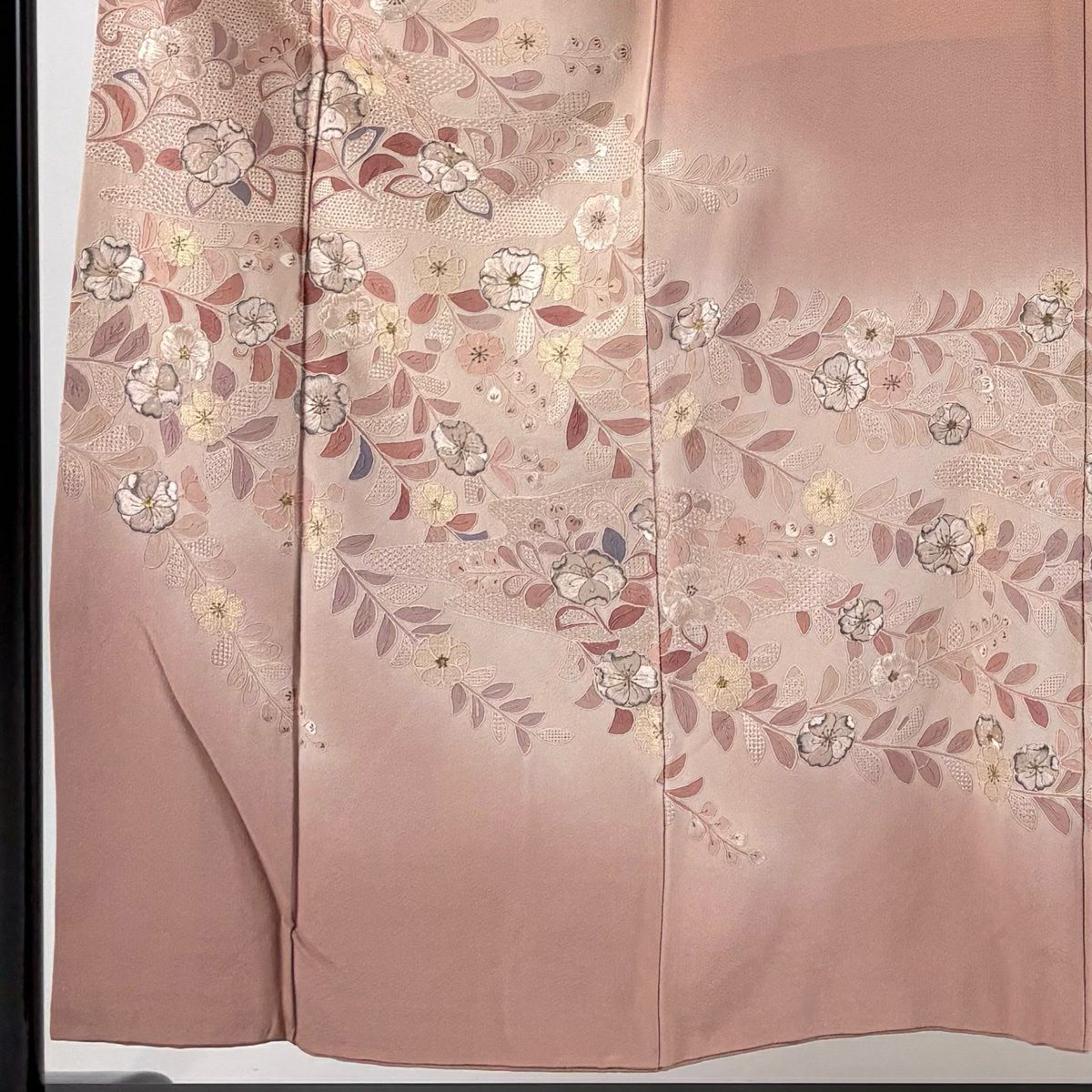 付下 身長154cm 袖長63.5cm S 雙層 辻花染圖案 霞 刺繡 金線 粉米色 純蠶絲 優品級