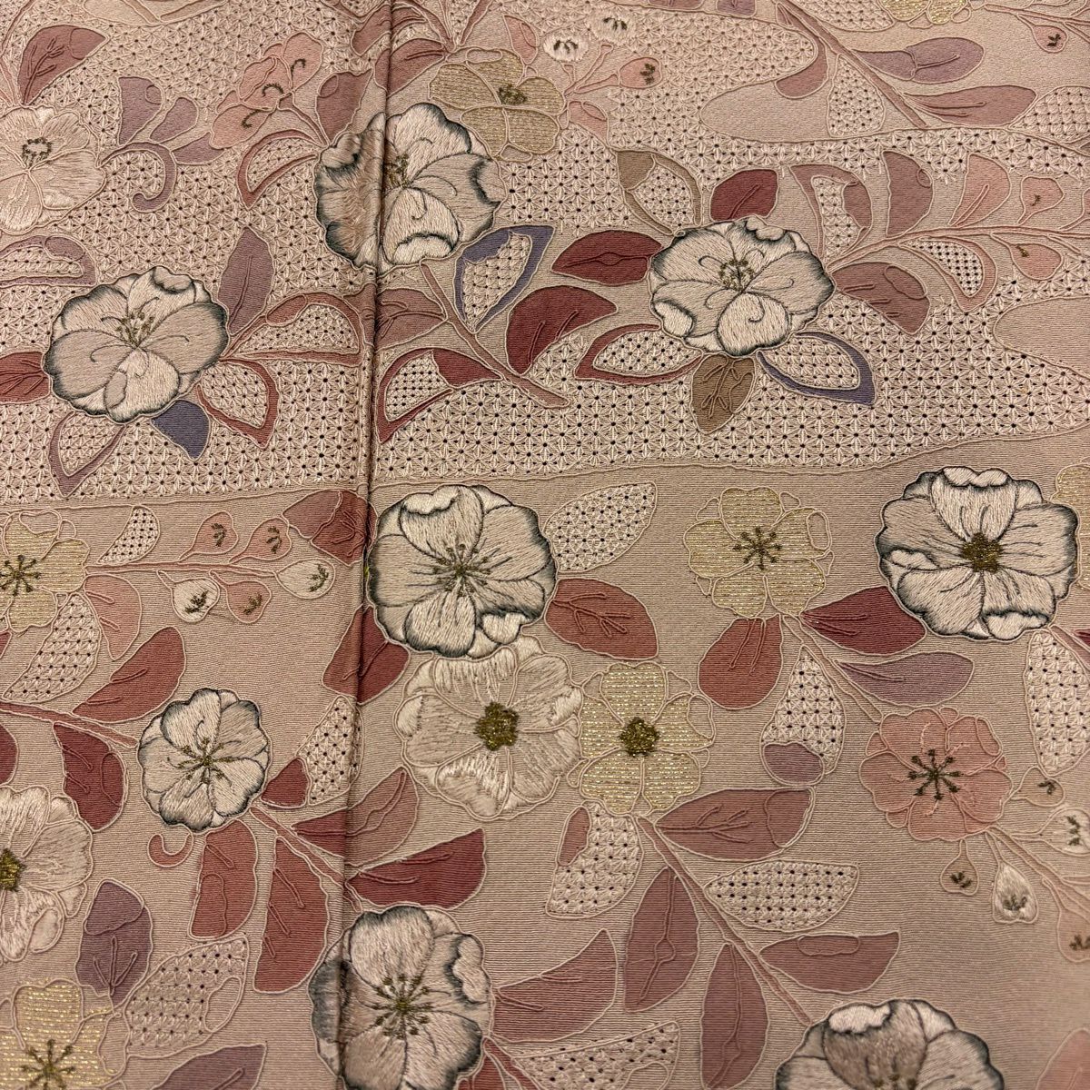 付下 身長154cm 袖長63.5cm S 雙層 辻花染圖案 霞 刺繡 金線 粉米色 純蠶絲 優品級