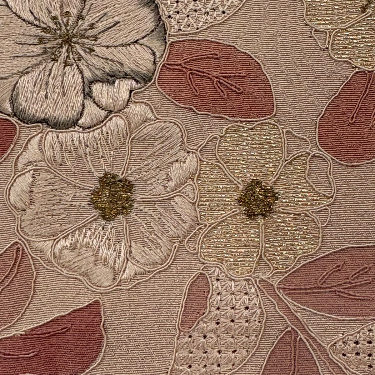 付下 身長154cm 袖長63.5cm S 雙層 辻花染圖案 霞 刺繡 金線 粉米色 純蠶絲 優品級
