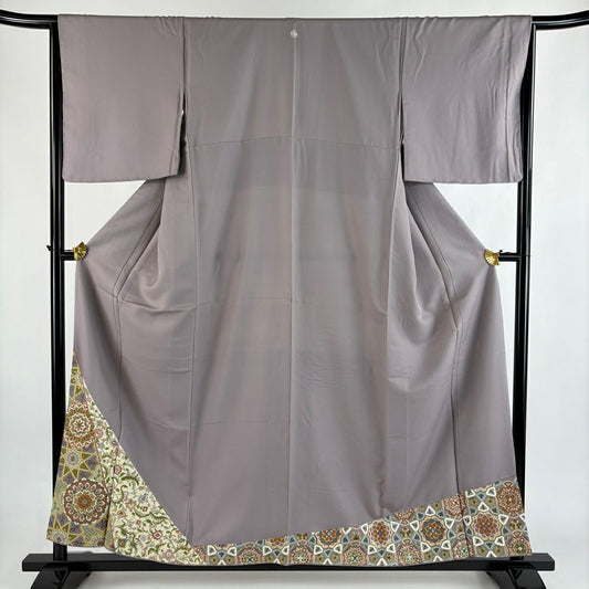 色留袖禮服 身長157cm 袖長65.5cm M 雙層 華紋 花唐草紋 灰紫 純蠶絲 秀品級 一つ紋