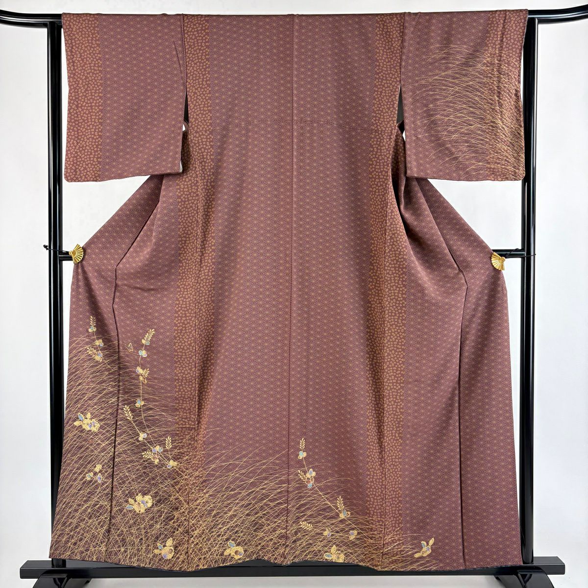 訪問服 身長157.5cm 袖長65cm M 雙層 蝶 辻花染 金彩裝飾 小豆 純蠶絲 秀品級