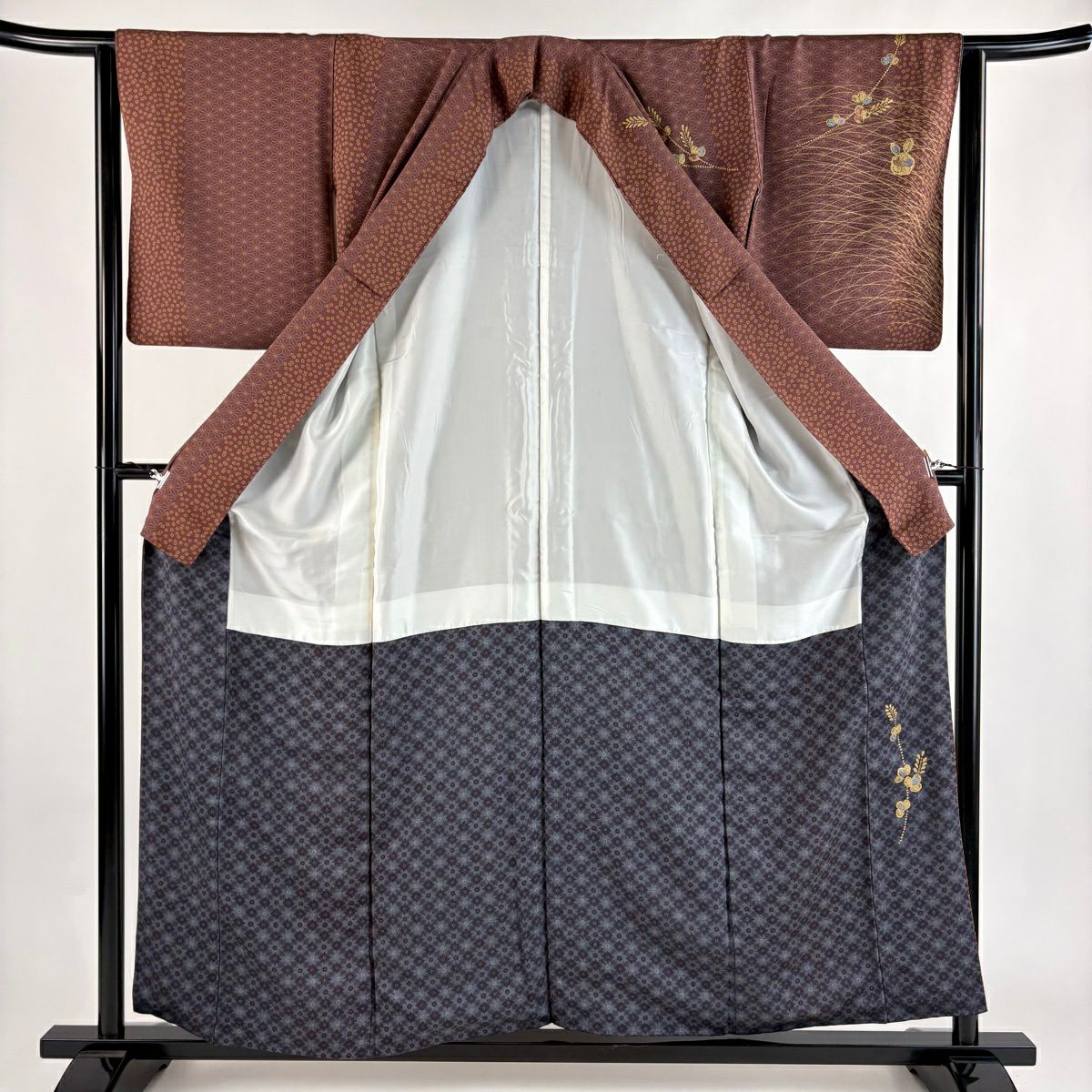 訪問服 身長157.5cm 袖長65cm M 雙層 蝶 辻花染 金彩裝飾 小豆 純蠶絲 秀品級